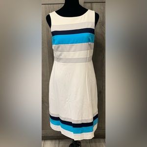 White House Black Market Blue & Gray Striped White A-Line Dress Women's Size 2